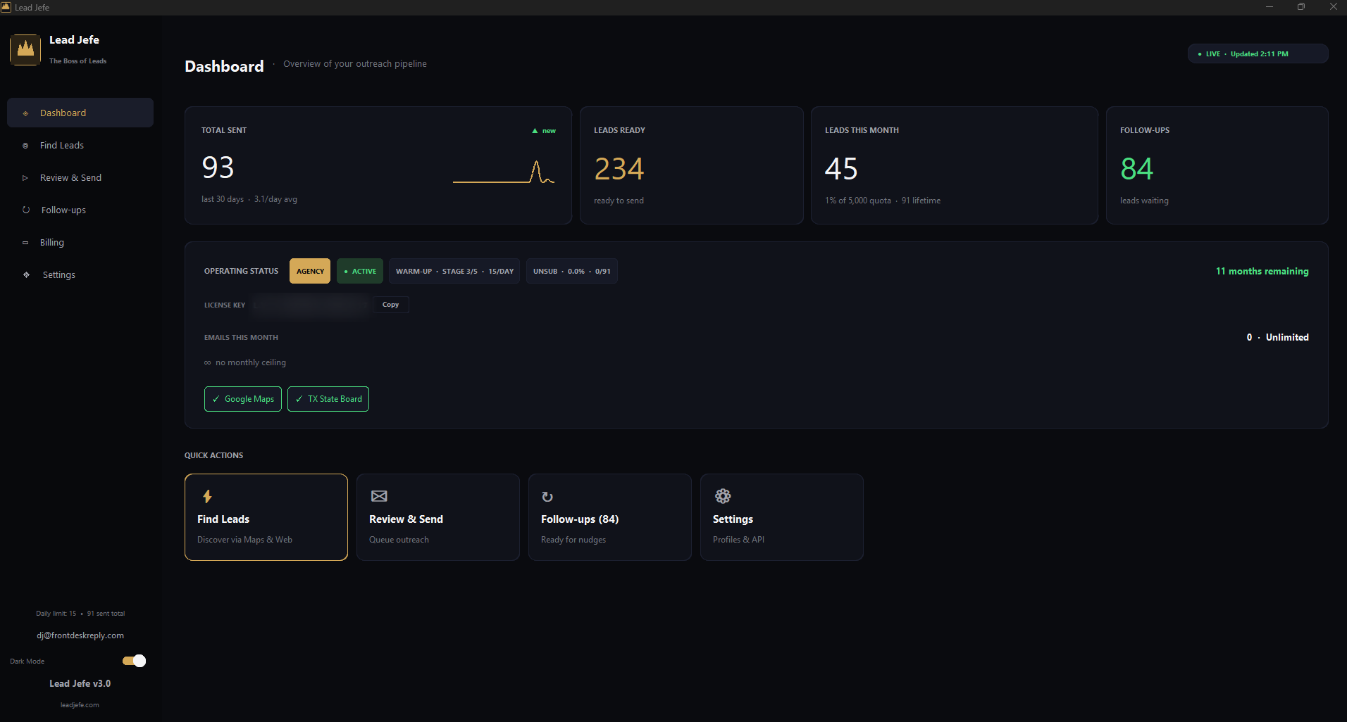 Lead Jefe Dashboard — live pipeline overview with total sent, leads ready, follow-ups, and operating status