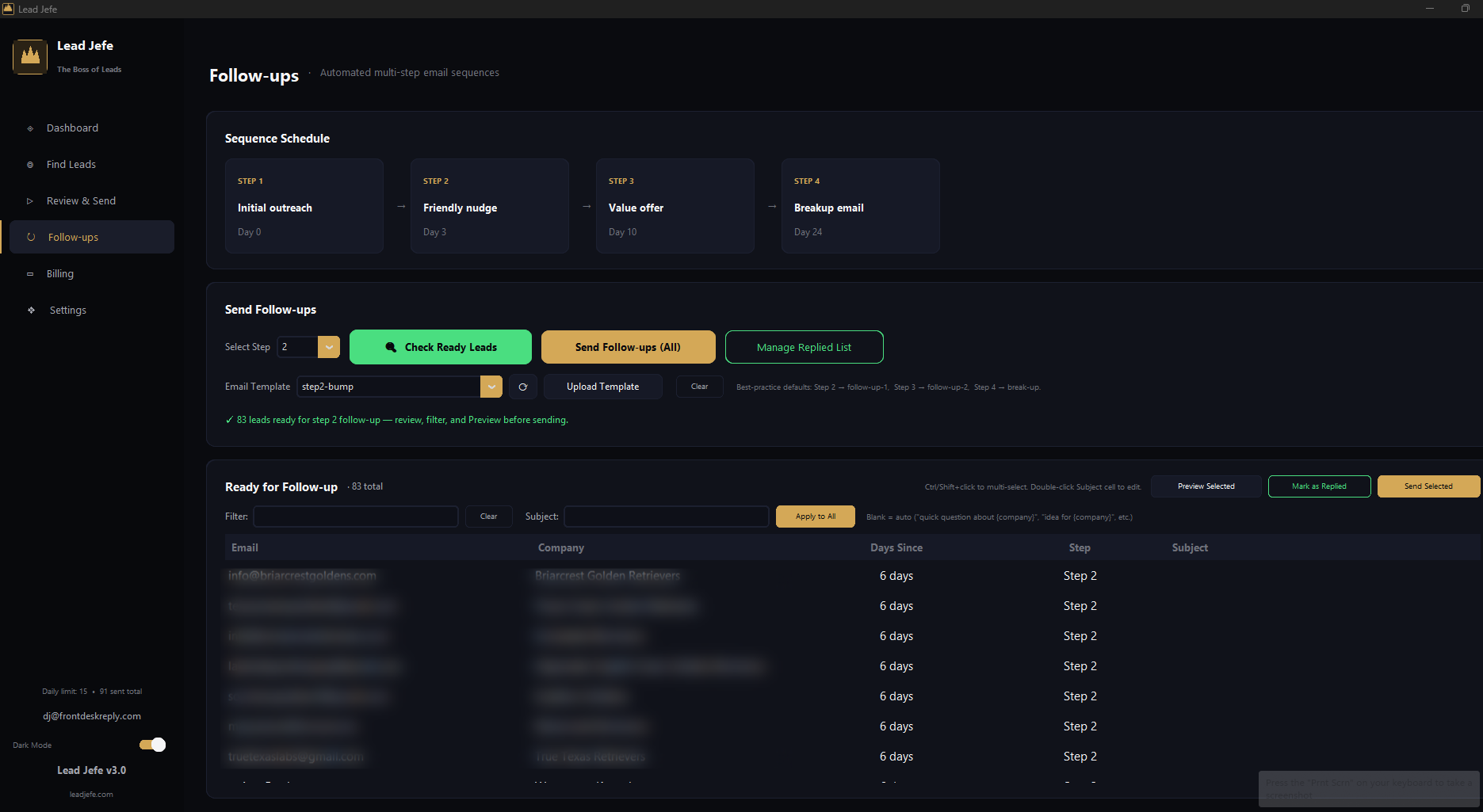 Lead Jefe Follow Up — auto-nudge sequence at day 3, 10, and 24
